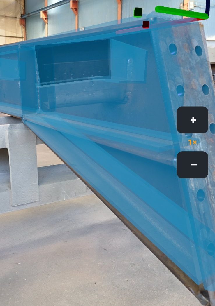StructAR model overlaid in AR on a real steel member in the shop