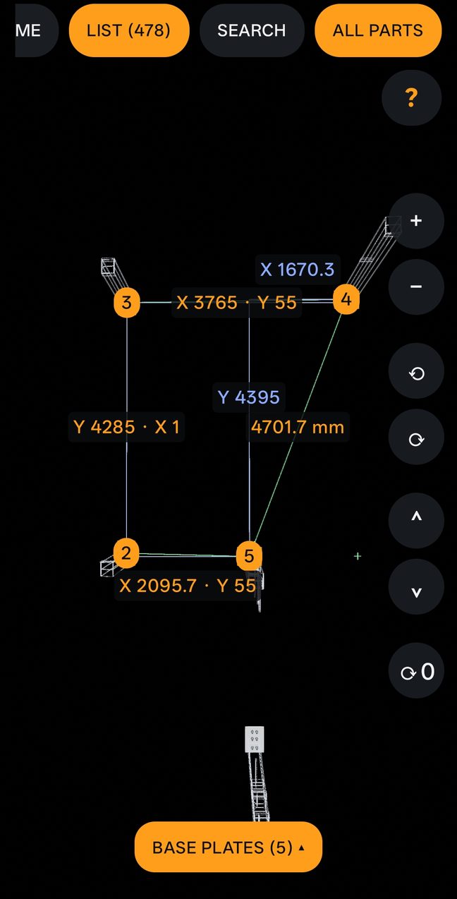 Base plates in plan with the chained distances between five plates