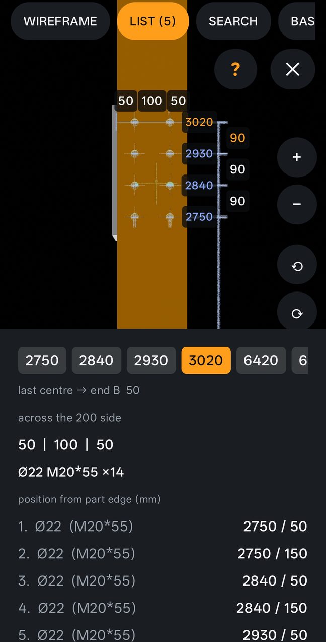 Hole dimensions on a HEA200 column: chain, running totals and across distances